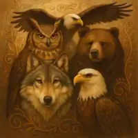 Ilustração digital em estilo tribal representando quatro animais de poder — lobo, coruja, urso e águia — sobre um fundo terroso com padrões xamânicos. Cada animal simboliza força, sabedoria, proteção e visão espiritual.