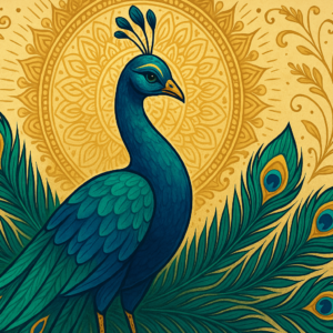 Ilustração simbólica do arquétipo do pavão com penas vibrantes em azul e verde, cercado por elementos dourados, representando beleza, elegância e renovação espiritual.