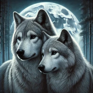 DALL·E 2024-10-17 20.37.39 - A pair of wolves standing closely together in a forest, under the soft glow of the moonlight. One wolf is slightly larger, protective and watchful, wh