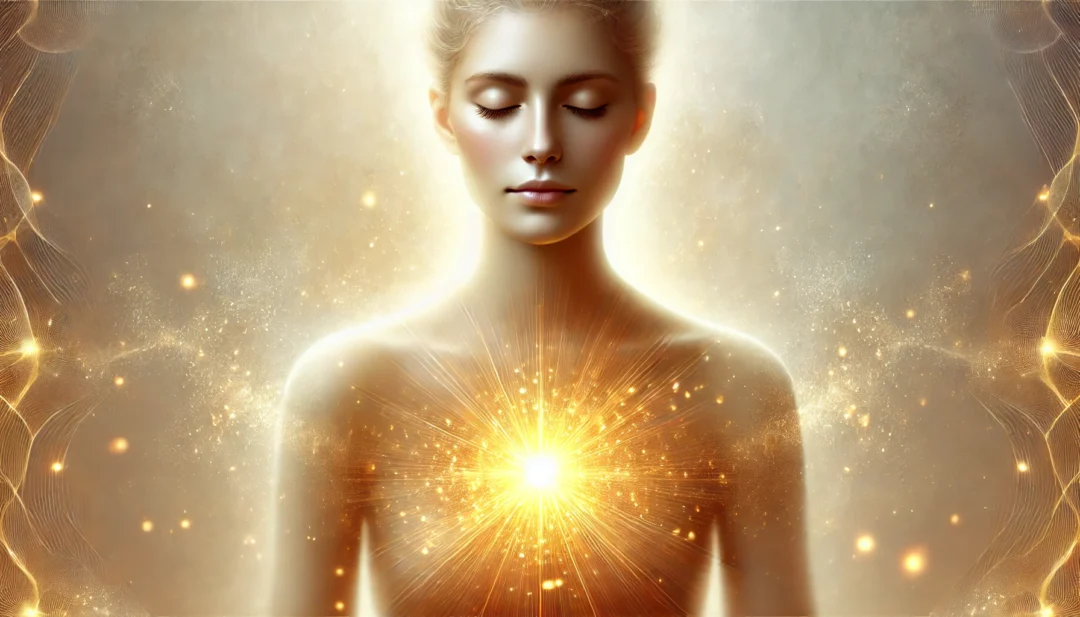 Mulher com olhos fechados irradiando luz dourada do peito, representando a conexão interior e o poder da espiritualidade.