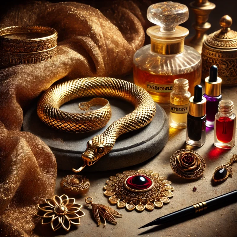 Arranjo simbólico com joias em formato de serpente, óleos essenciais e tecidos luxuosos nas cores dourado, vinho, preto e vermelho escuro, representando os elementos do arquétipo de Cleópatra.