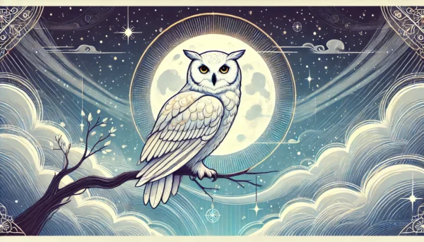 Ilustração mística de uma coruja branca em um galho à noite, com olhos dourados sábios e lua cheia ao fundo, representando sabedoria e intuição.
