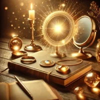 Cena mística com velas, espelho, joias douradas e caderno de afirmações simbolizando arquétipos e autoestima.