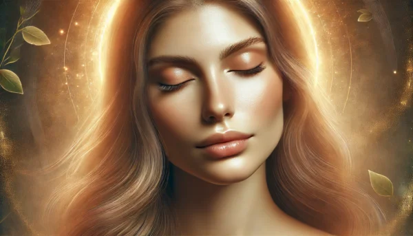 Mulher em introspecção, com brilho dourado, representando a conexão entre arquétipos e autoestima.