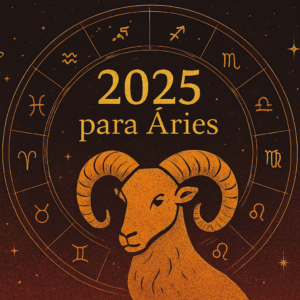 Ilustração simbólica de Áries com céu estrelado e símbolos planetários de 2025, refletindo sua jornada espiritual e transformação interior.