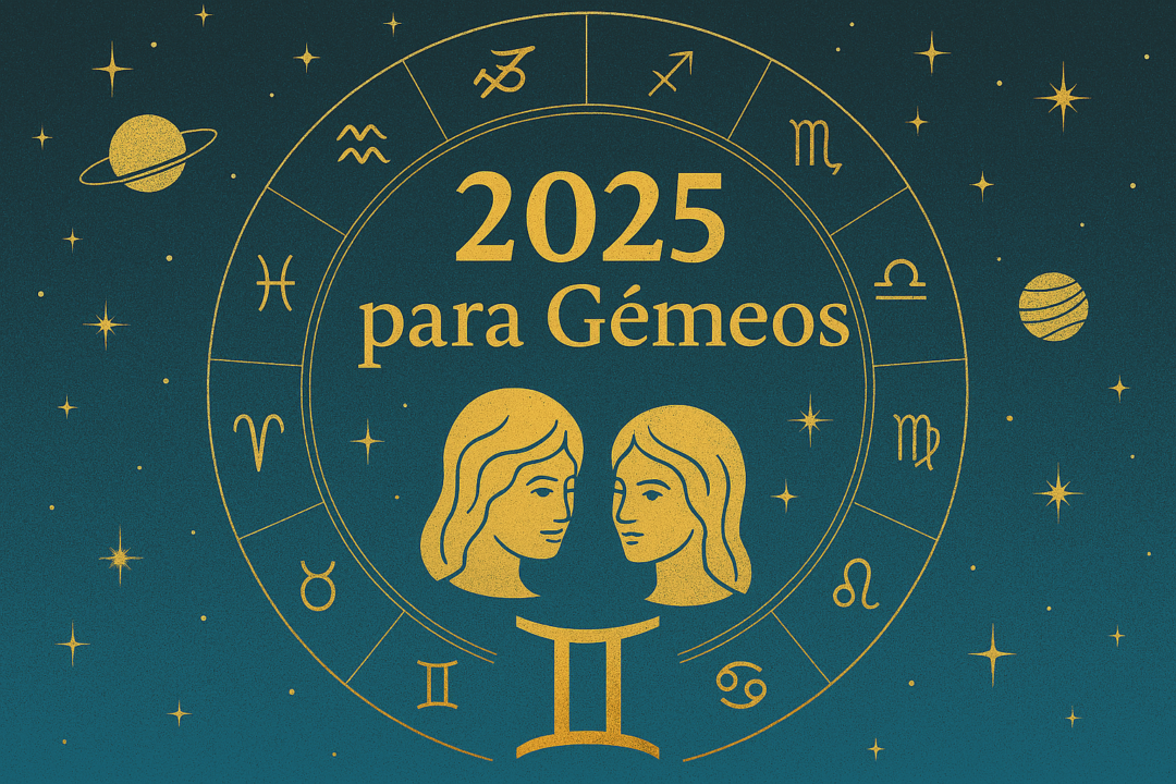 Ilustração do signo de Gêmeos com fundo estelar e elementos astrológicos representando as previsões de 2025.