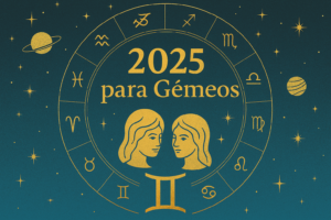 Ilustração do signo de Gêmeos com fundo estelar e elementos astrológicos representando as previsões de 2025.