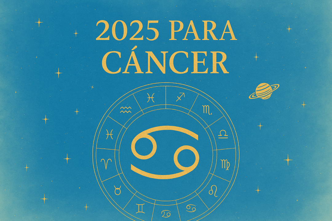 Ilustração astrológica com o símbolo do signo de Câncer em destaque no centro, sob o título “2025 para Câncer”, cercado por constelações e glifos zodiacais.