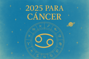 Ilustração astrológica com o símbolo do signo de Câncer em destaque no centro, sob o título “2025 para Câncer”, cercado por constelações e glifos zodiacais.
