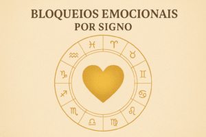 Imagem com os 12 signos do zodíaco circulando um coração no centro, representando os bloqueios emocionais de cada signo.