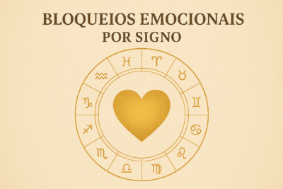 Imagem com os 12 signos do zodíaco circulando um coração no centro, representando os bloqueios emocionais de cada signo.