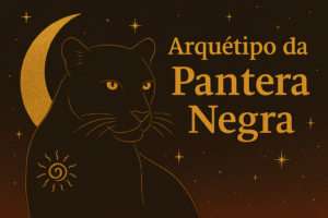 Ilustração de uma pantera negra sobre fundo estelar, com olhos brilhantes e aura mística, representando poder oculto e proteção espiritual.