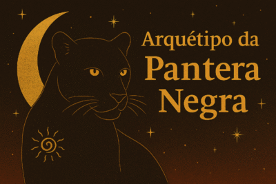 Ilustração de uma pantera negra sobre fundo estelar, com olhos brilhantes e aura mística, representando poder oculto e proteção espiritual.