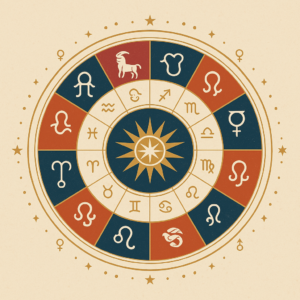 Ilustração vetorial de um mapa astral circular com signos do zodíaco e símbolos planetários, com fundo bege texturizado e detalhes dourados.