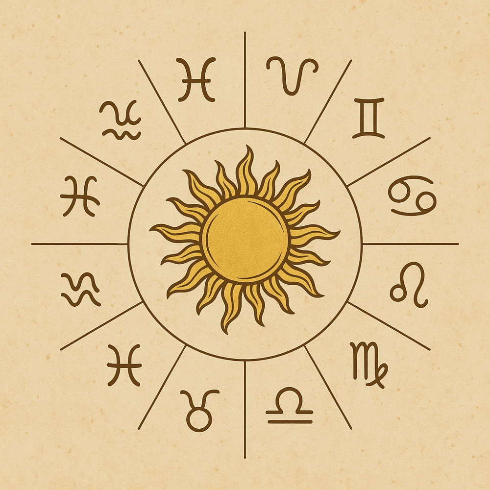 Ilustração de uma mandala zodiacal com o Sol no centro, cercado por símbolos dos doze signos, sem nomes escritos, em estilo vintage.