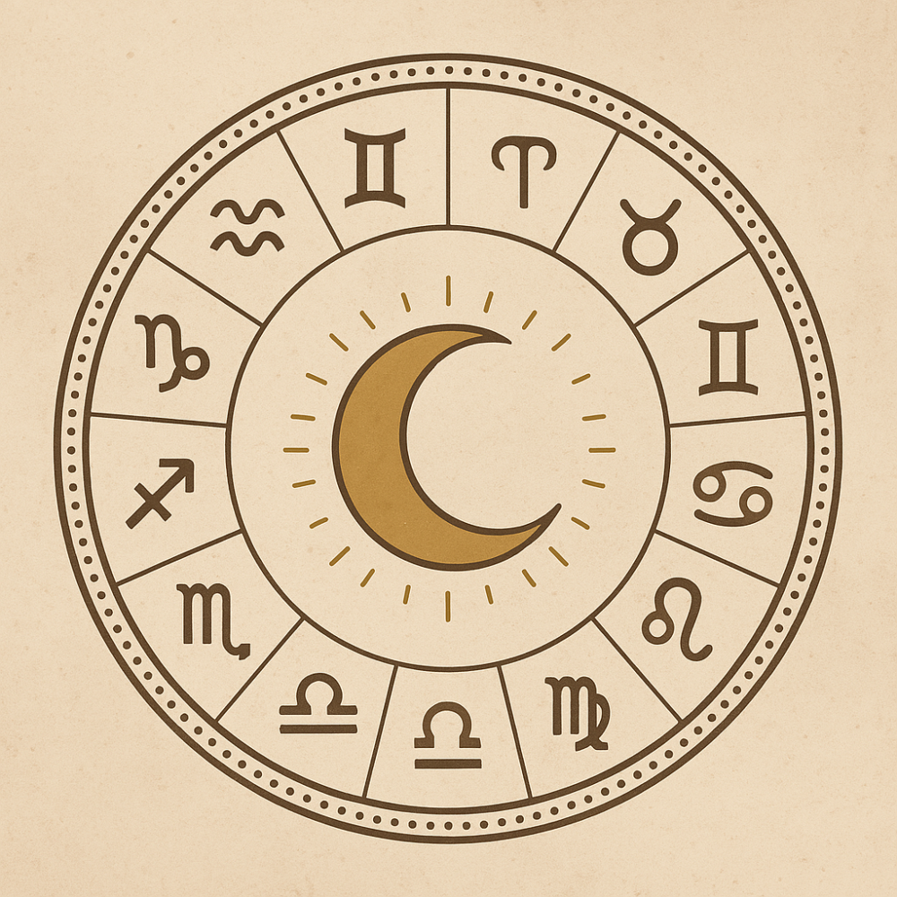 Ilustração astrológica com uma lua crescente dourada no centro de um círculo zodiacal com símbolos dos signos, sobre fundo bege texturizado.