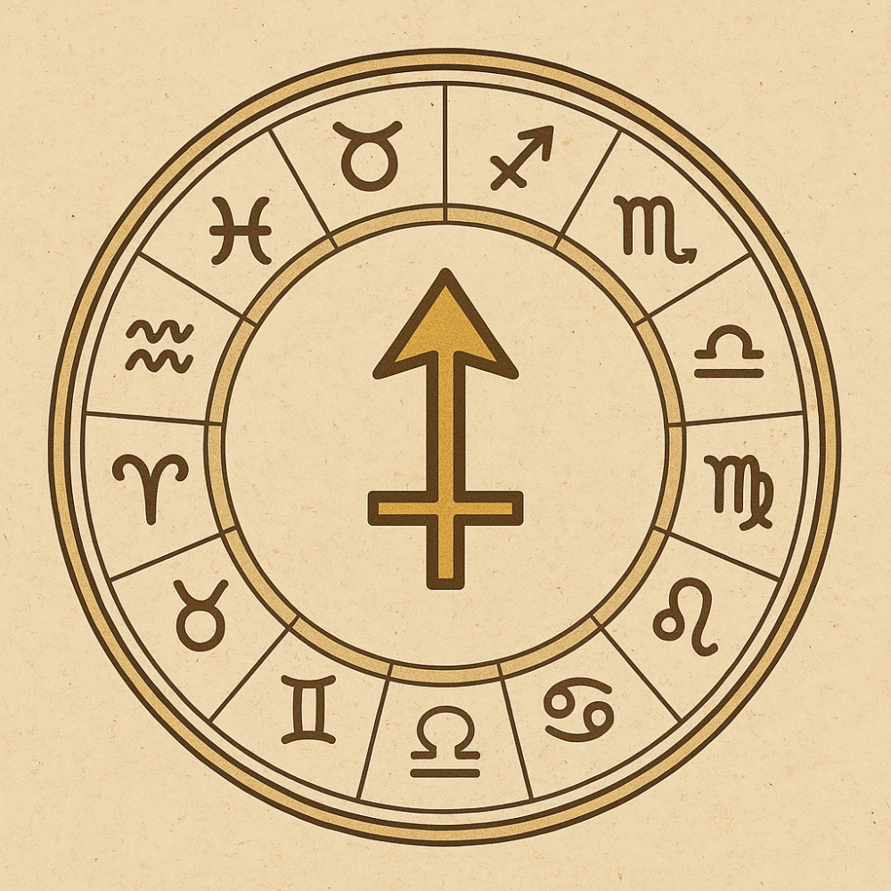 Roda astrológica vintage com os signos do zodíaco e uma seta dourada simbolizando o Ascendente ao centro, sobre fundo bege texturizado.