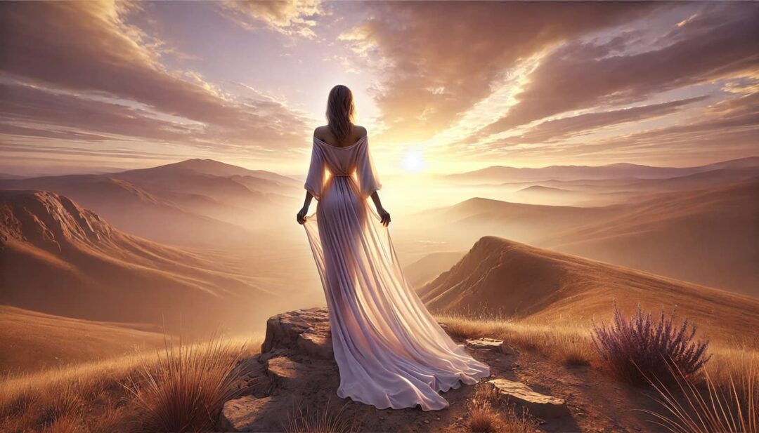 Mulher serena em pé em uma colina ao nascer do sol, simbolizando o início da jornada espiritual.