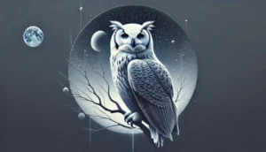 Coruja majestosa sob o céu estrelado, simbolizando sabedoria, intuição profunda e mistério, ideal para ilustrar o arquétipo da coruja em anúncios e posts sobre desenvolvimento pessoal.