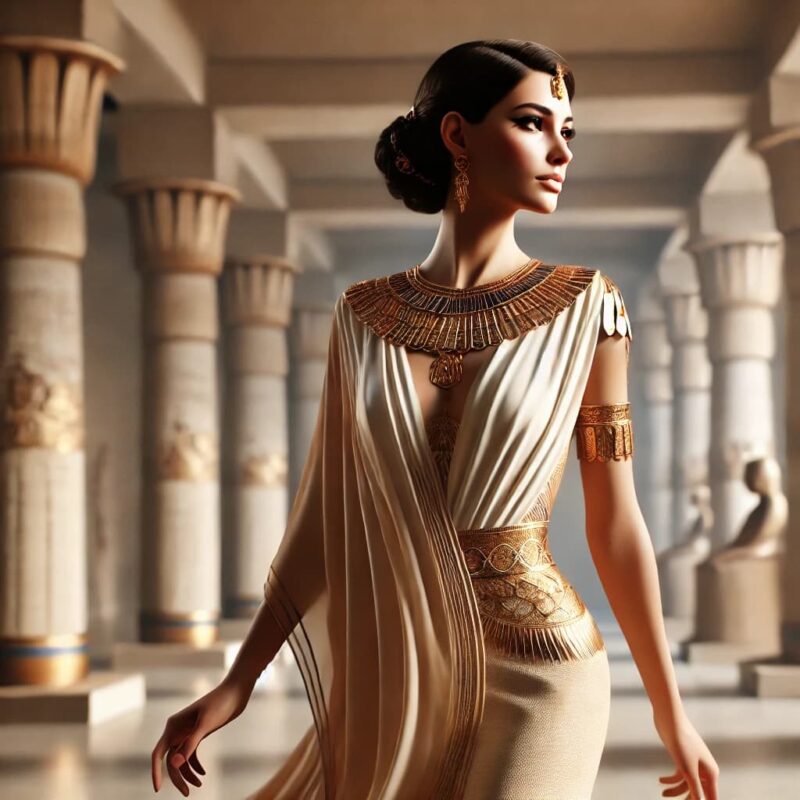 Mulher inspirada em Cleópatra caminhando com elegância por um palácio egípcio, com postura ereta, roupas douradas e expressão confiante, representando força interior e linguagem corporal poderosa.