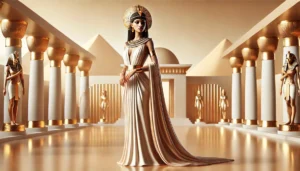 Mulher majestosa em túnica branca e dourada no topo de uma duna dourada ao nascer do sol, simbolizando o despertar do poder pessoal inspirado em Cleópatra.