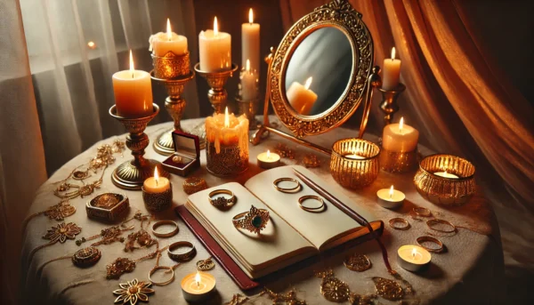 Elementos simbólicos para ativar arquétipos: velas, joias e afirmações.