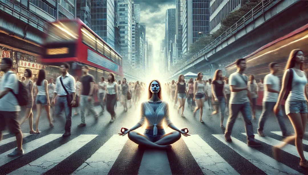 Mulher parada sozinha em uma grande cidade, simbolizando o vazio existencial e a desconexão interior da vida moderna.