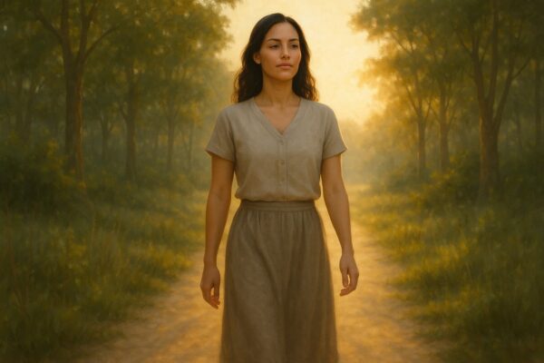 Mulher caminhando por trilha dourada com olhar sereno, representando escolhas conscientes, bondade e alinhamento com Deus.