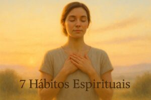 Capa com mulher serena ao nascer do sol, com mãos sobre o coração, representando espiritualidade e recomeço com Deus.