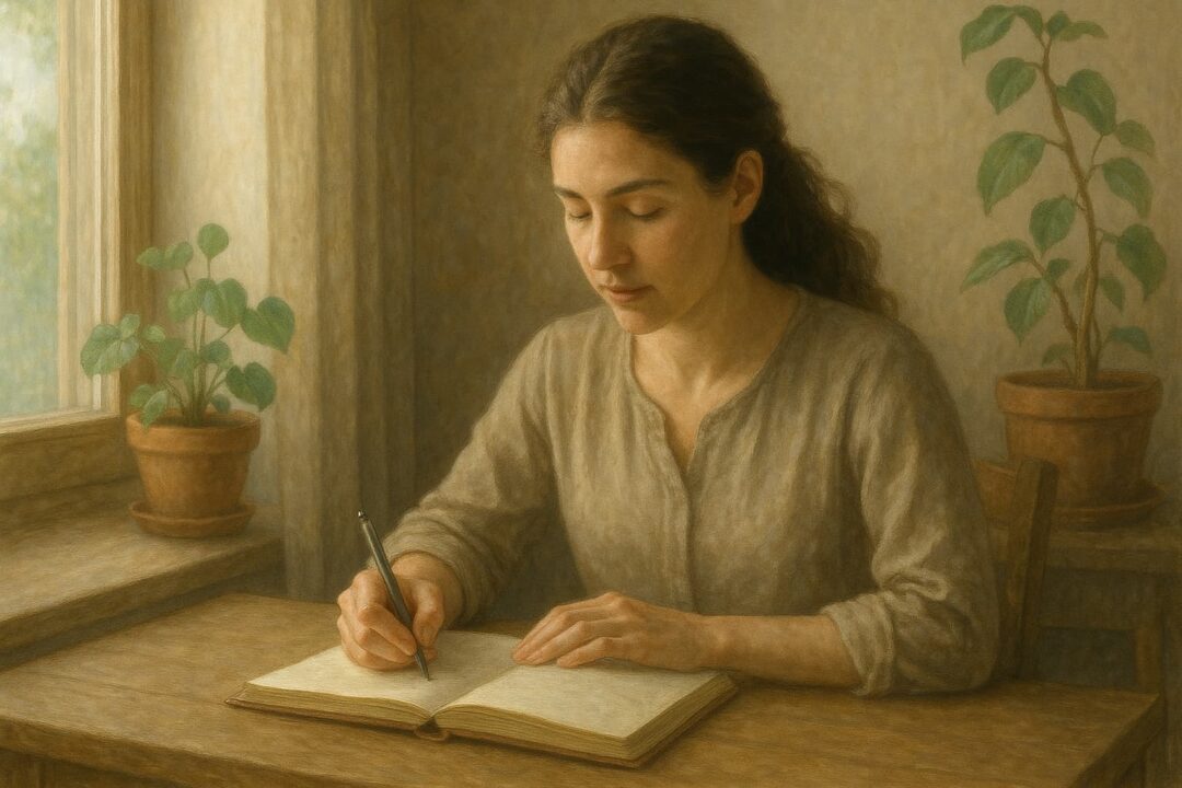 Mulher escrevendo em um caderno à luz da manhã, em ambiente tranquilo, representando introspecção, autoconhecimento e expressão espiritual.