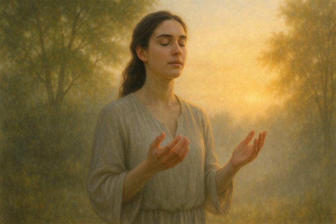 Mulher em pé, de olhos fechados e mãos elevadas em oração, em meio à natureza ao entardecer, simbolizando conexão sincera com Deus.