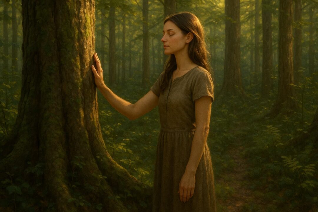Mulher tocando uma árvore com os olhos fechados em uma floresta iluminada, simbolizando conexão com a natureza e com Deus, o Criador.