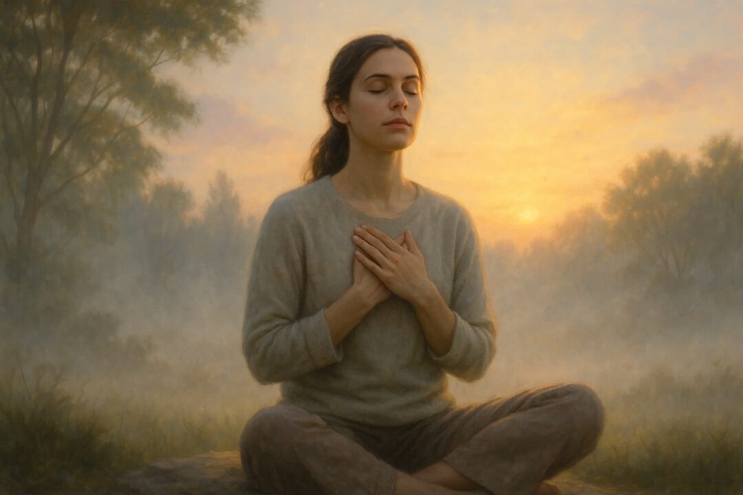 Mulher sentada em silêncio ao amanhecer, com olhos fechados e mãos sobre o coração, representando paz interior e conexão com Deus.