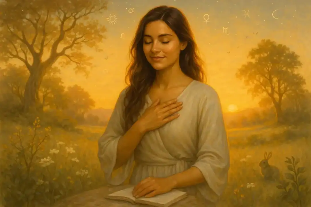 Mulher com expressão serena, de olhos fechados e mão sobre o coração, em meio à natureza ao nascer do sol, simbolizando a espiritualidade como guia de escolhas conscientes.