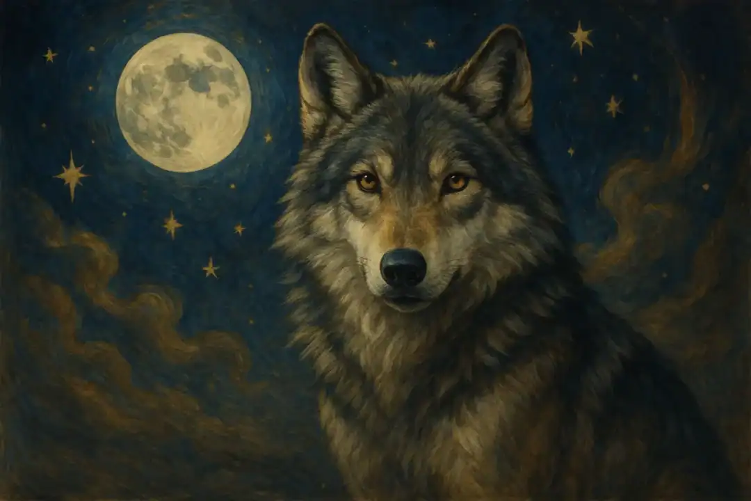 Pintura simbólica de um lobo sob a luz da lua cheia em um céu estrelado, representando força, instinto e sabedoria interior