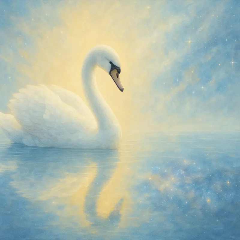 Cisne olhando seu reflexo em um lago, com brilho espiritual ao redor