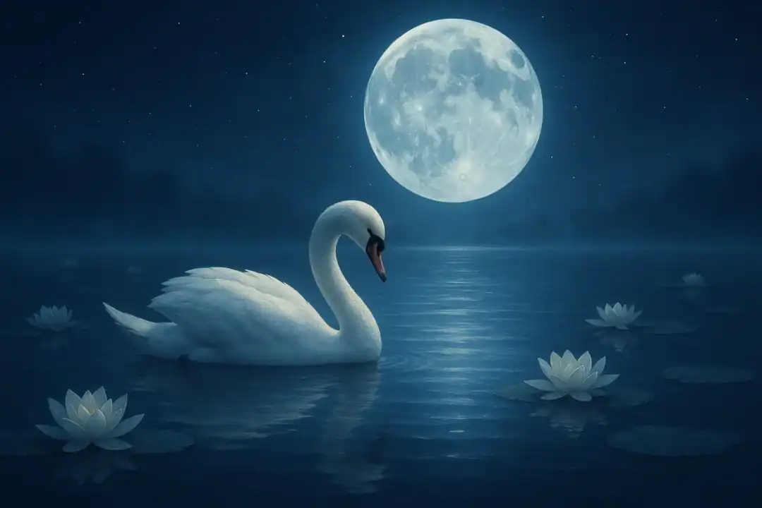 Cisne solitário sob a luz da lua cheia, rodeado por flores de lótus, em um lago sereno com tons azul-prateados