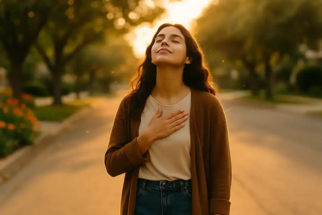 Mulher caminhando sozinha em uma rua tranquila ao pôr do sol, com os olhos fechados e a mão sobre o coração, simbolizando uma conversa íntima com Deus durante a rotina.