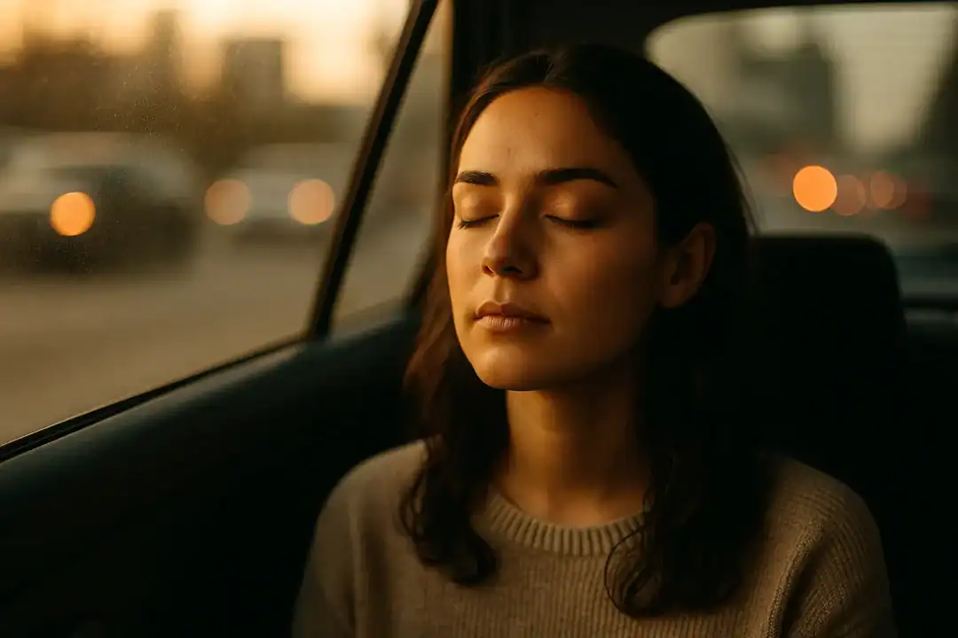 Mulher sentada no banco traseiro de um carro com os olhos fechados, em silêncio, conectando-se com sua espiritualidade em meio ao trânsito urbano.