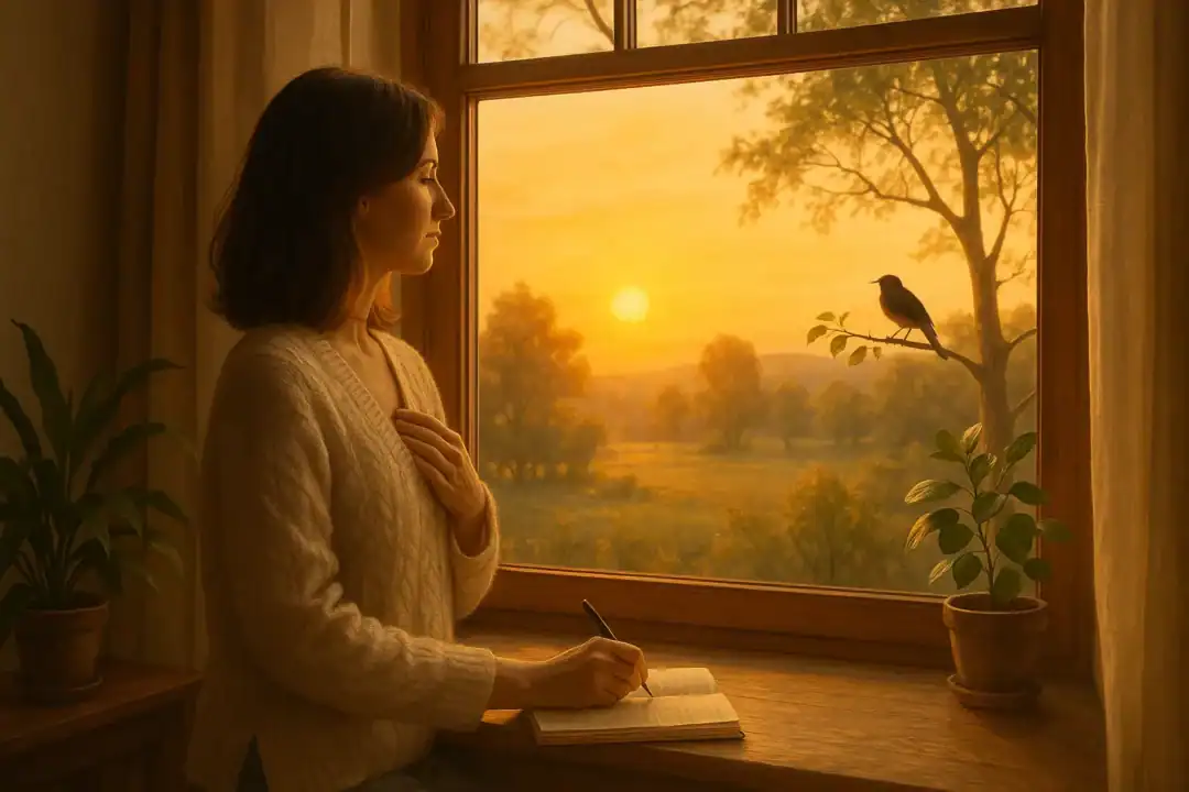 Mulher com expressão contemplativa observa o nascer do sol pela janela, com a mão sobre o coração e um pássaro pousado no galho ao fundo, simbolizando a espiritualidade revelada pela natureza.