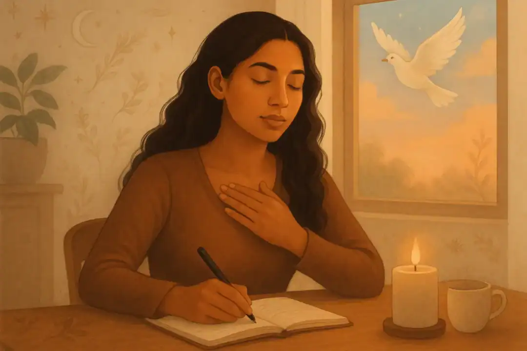 Mulher escrevendo em seu diário com uma mão sobre o coração, em um ambiente calmo e iluminado pelo amanhecer, simbolizando a prática da gratidão como forma de oração.
