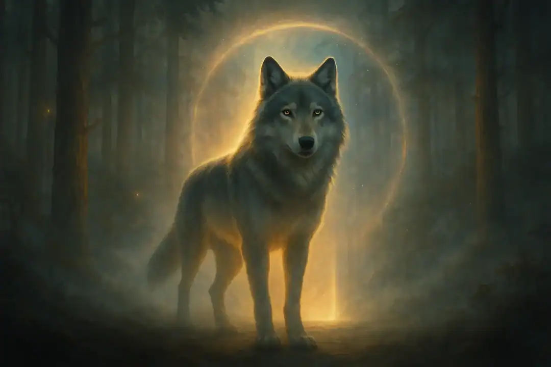 Lobo diante de um portal luminoso em uma floresta mística, simbolizando proteção e transição espiritual