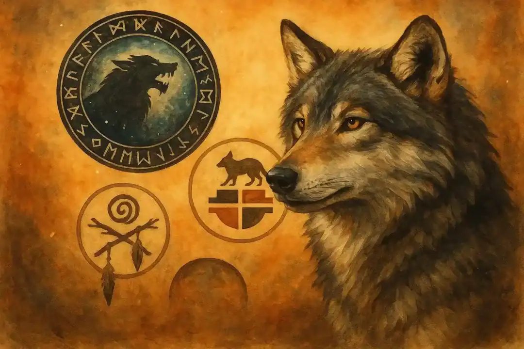 Ilustração do lobo com símbolos mitológicos nórdicos, indígenas e xamânicos ao fundo, representando sua presença espiritual em diversas culturas
