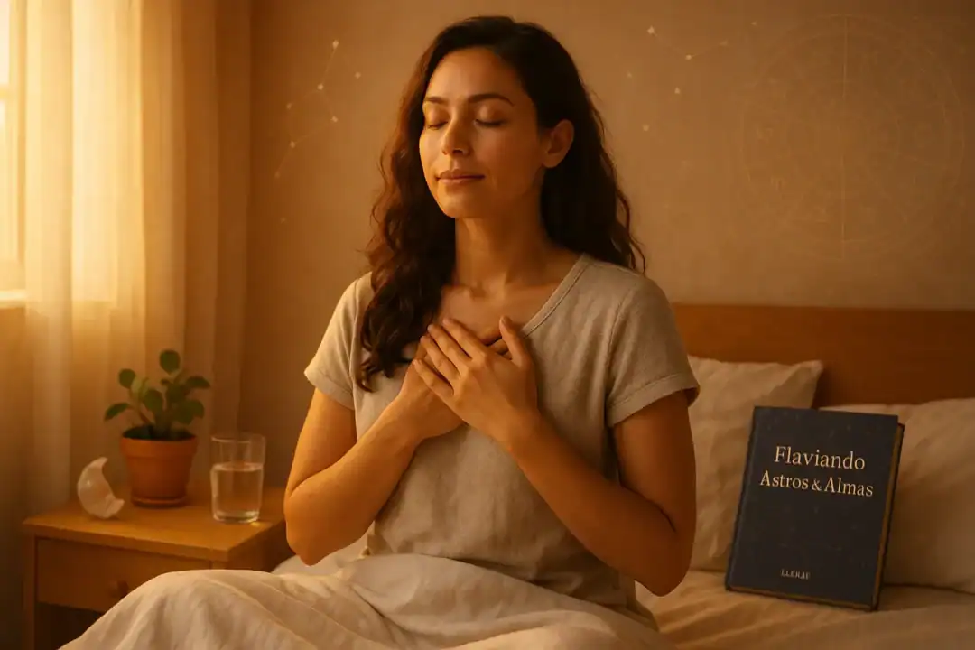 Mulher sentada na cama ao amanhecer, com as mãos sobre o coração e expressão serena, representando o despertar da espiritualidade logo ao acordar.