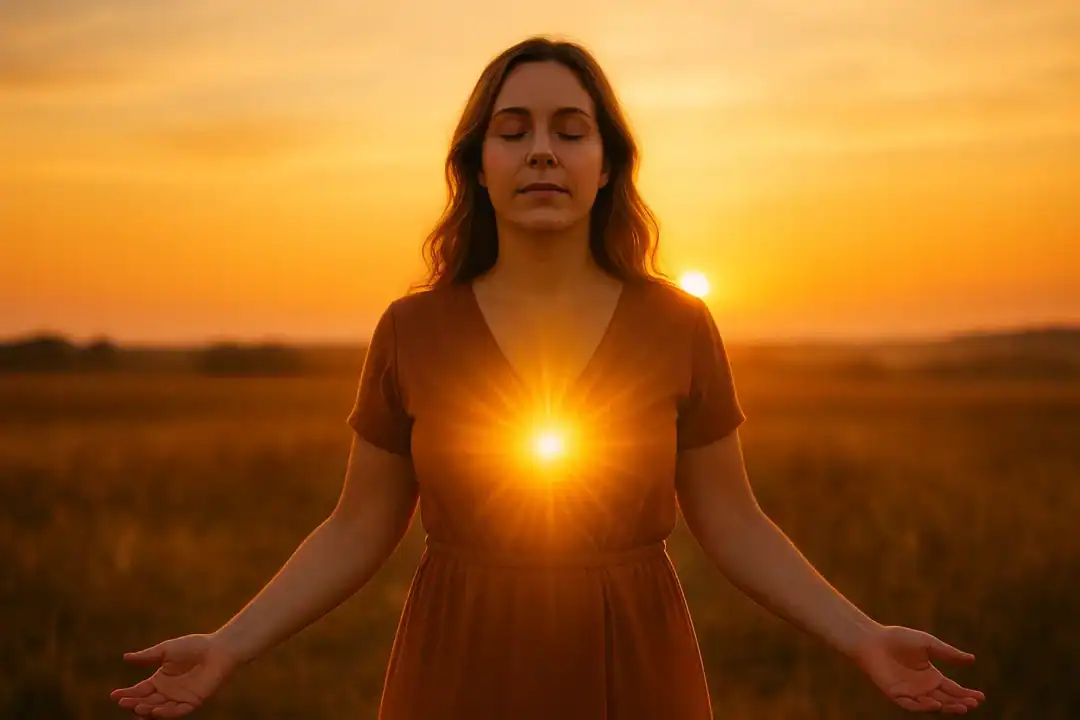Mulher irradiando luz dourada do plexo solar, símbolo de brilho e autenticidade espiritual