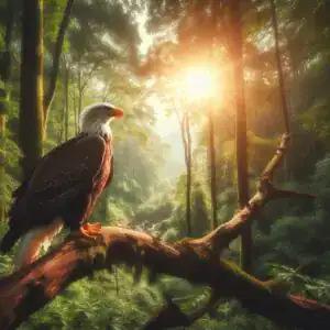 Águia sobre galho alto em floresta ao entardecer com luz solar intensa