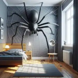 Aranha gigante sobre teia na parede de um quarto moderno