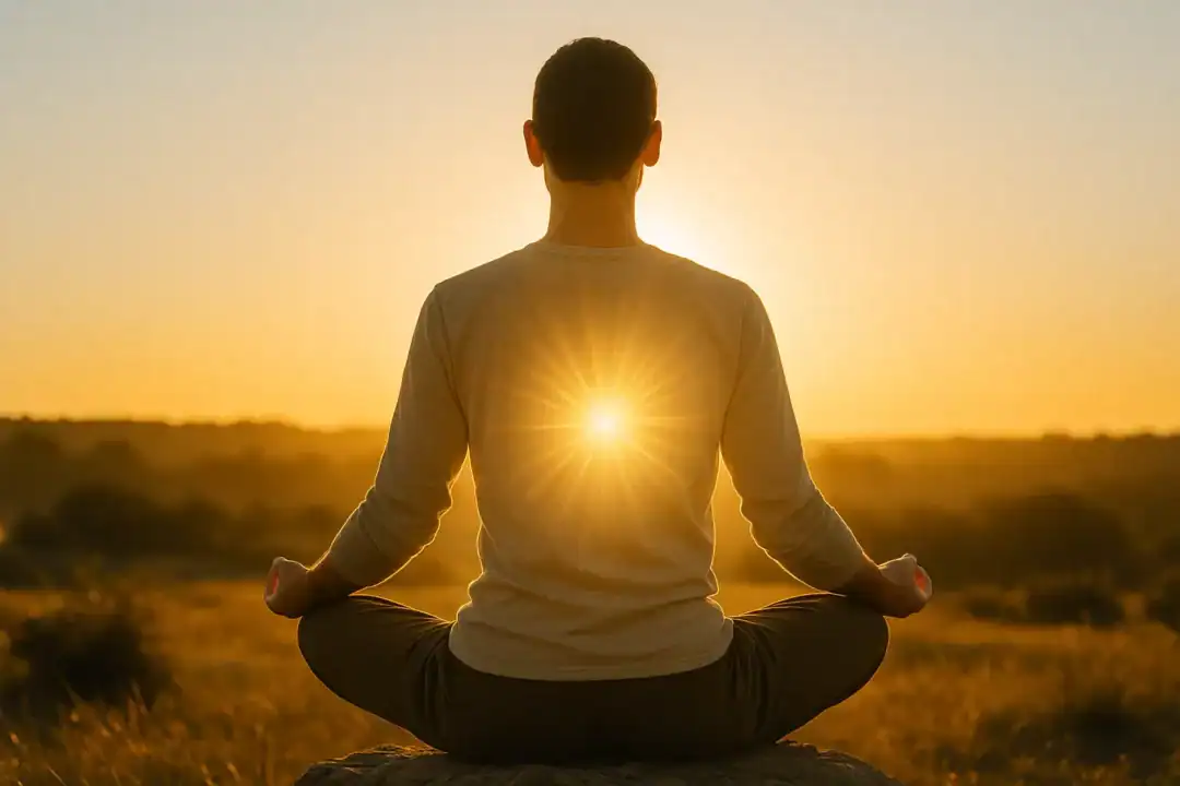 Pessoa meditando ao nascer do sol com luz dourada irradiando do plexo solar, simbolizando ativação energética