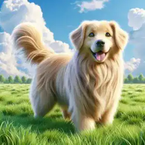 Cachorro dourado alegre em campo verde sob céu azul