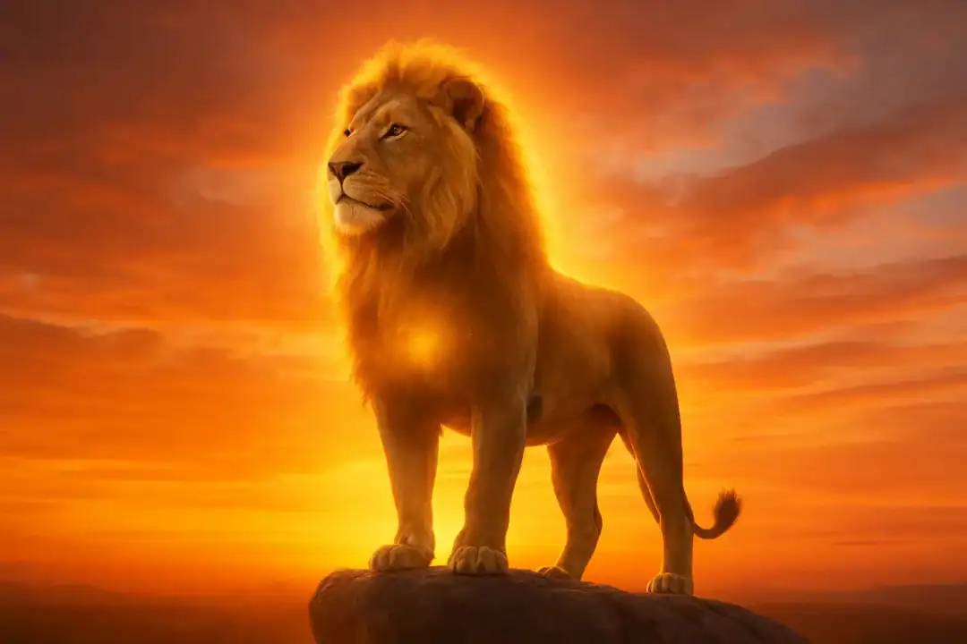 Leão espiritual iluminado ao pôr do sol, imagem de capa do arquétipo do Leão